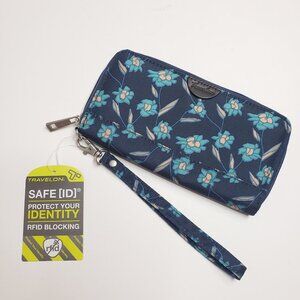 Travelon Wristlet Wallet Blue Floral Design ID Window Credit Card Slots RFID NEW